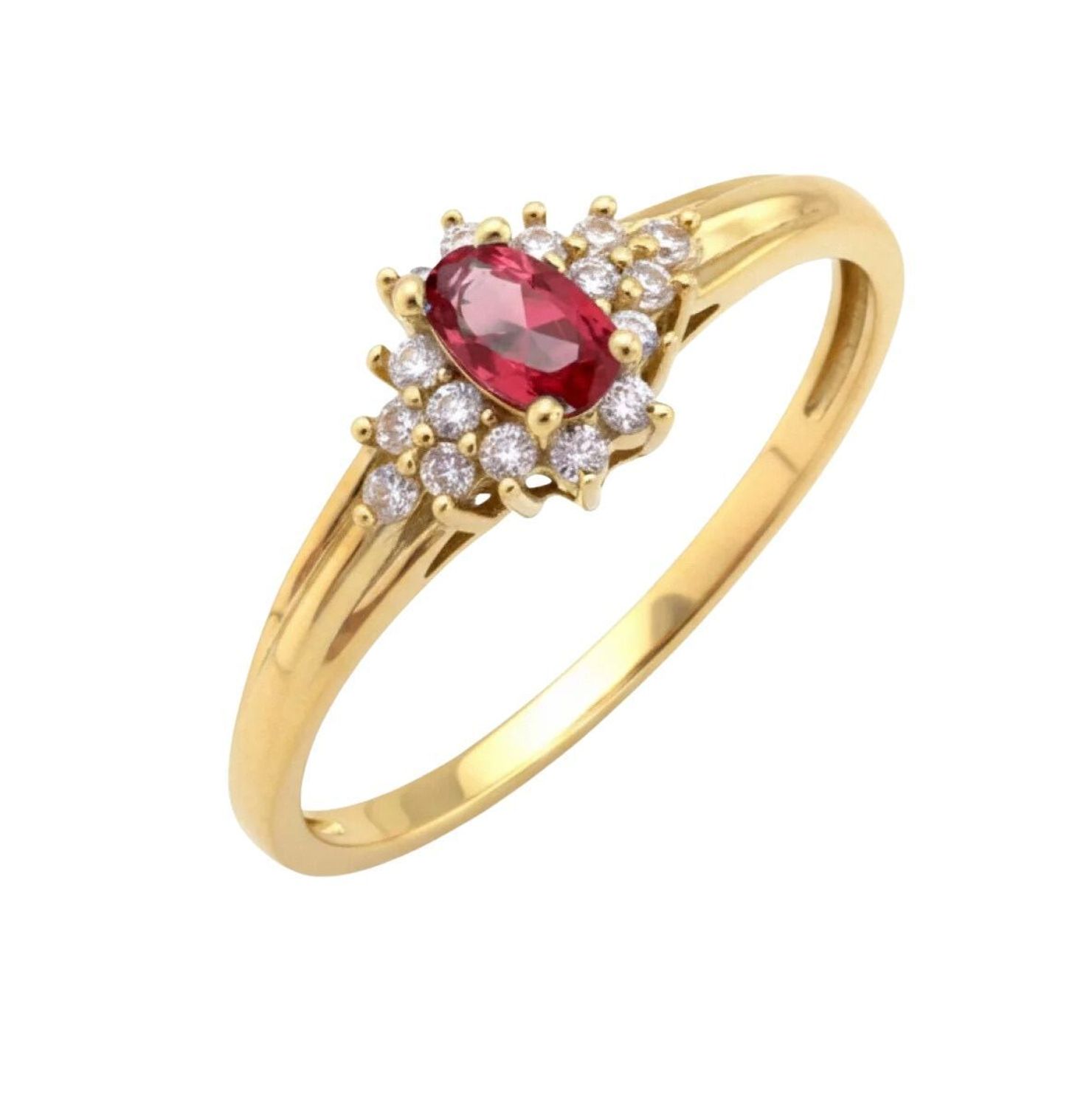 Elegancki złoty pierścionek damski z rubinem w czterech łapkach i cyrkoniami. Kolorowe kamienie syntetyczne, kolekcja Rainbow – idealny na prezent.1.jpg